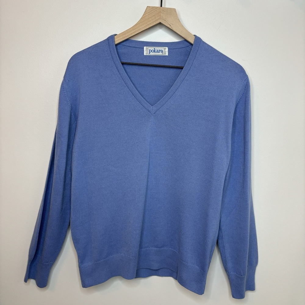 Vintage V-Neck Wool‎ Blend Sweater Medium Blue Made in Spain Classic Minimalist